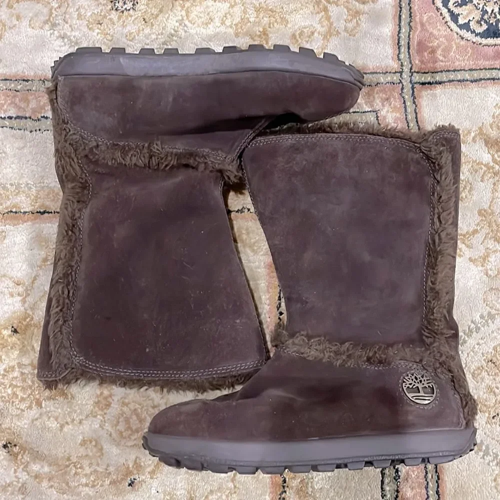 Timberland Mukluk Brown Suede Warm Women’s Sz 5.5M Slip On Faux Fur Winter Boot